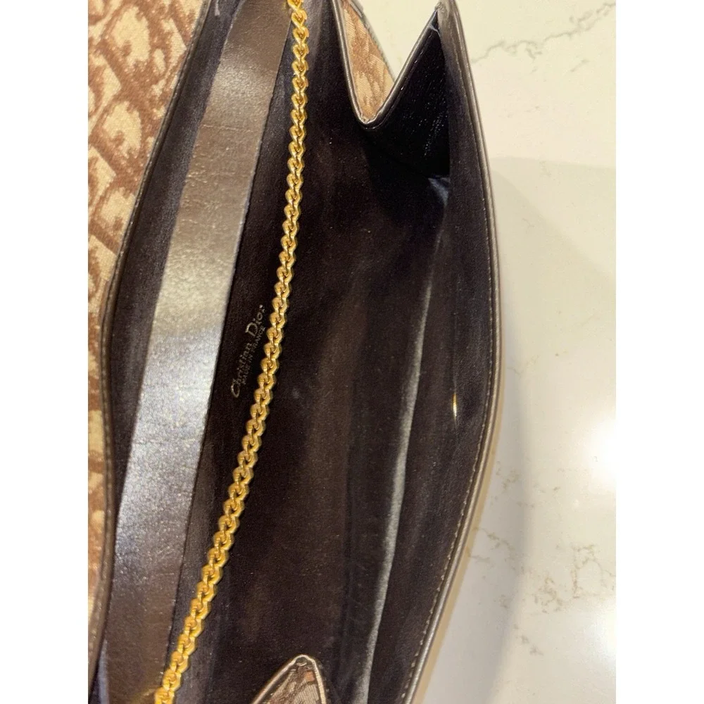 Dior Monogram Trotter Beige Brown Clutch Bag Gold Chain Shoulder Bag